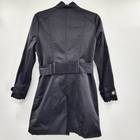 Vintage For Cynthia Black Trench Coat Leopard Print Lining Ruffled Wrists Size M - Picture 2 of 12